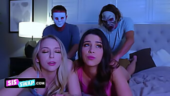 Two Horny Stepbrothers Use Masks To Trick Their Adorable Stepsisters And Lick Their Butts